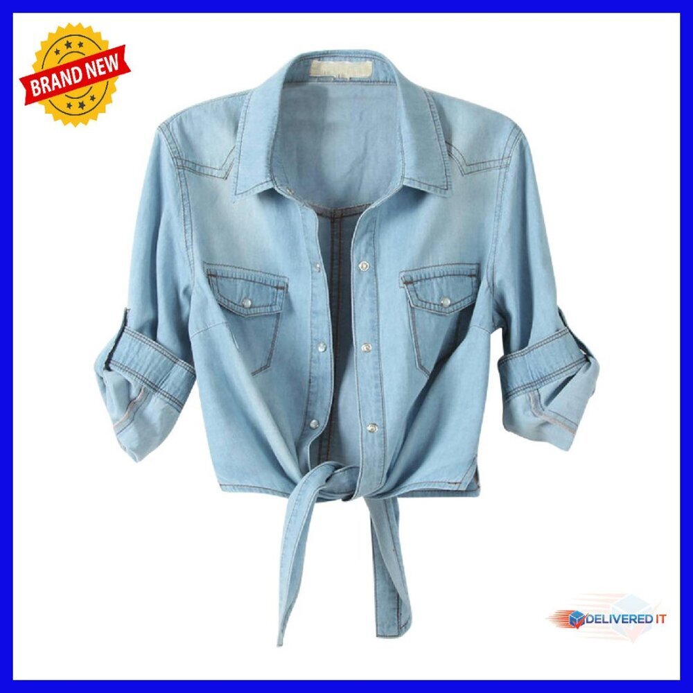 Modern Denim Crop Top Tie Knot Shirt Cardigan 3/4 Sleeve